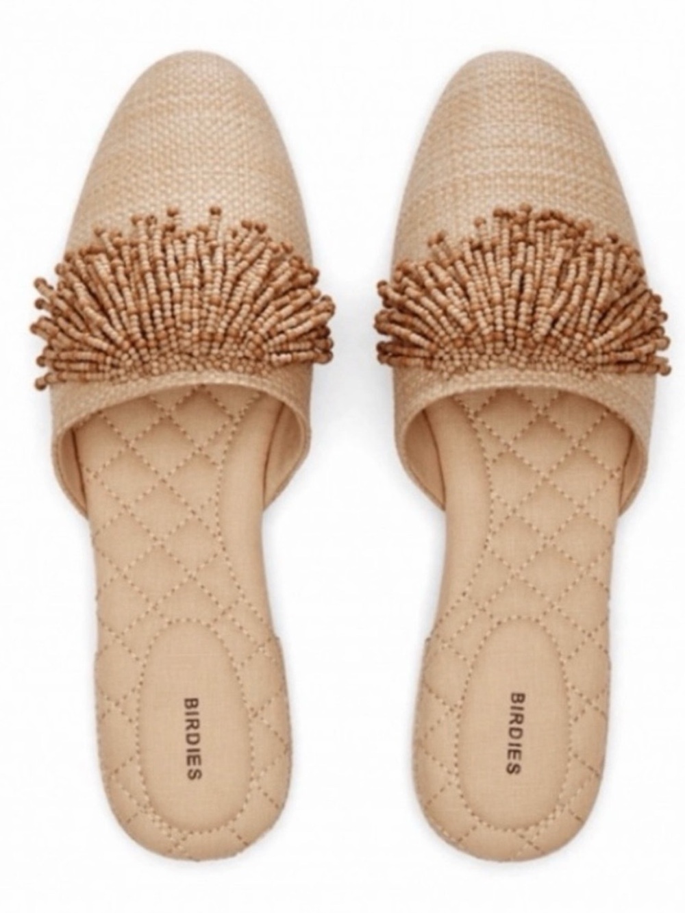 Birdies Songbird natural faux raffia beaded fringe tassel slide mules size 12